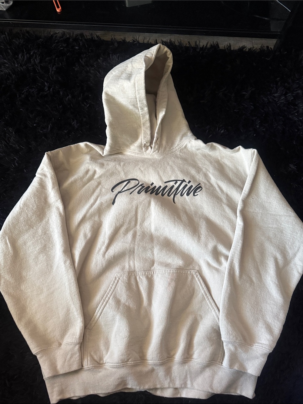 Primitive Script Logo Hoodie in Cream with Black Script